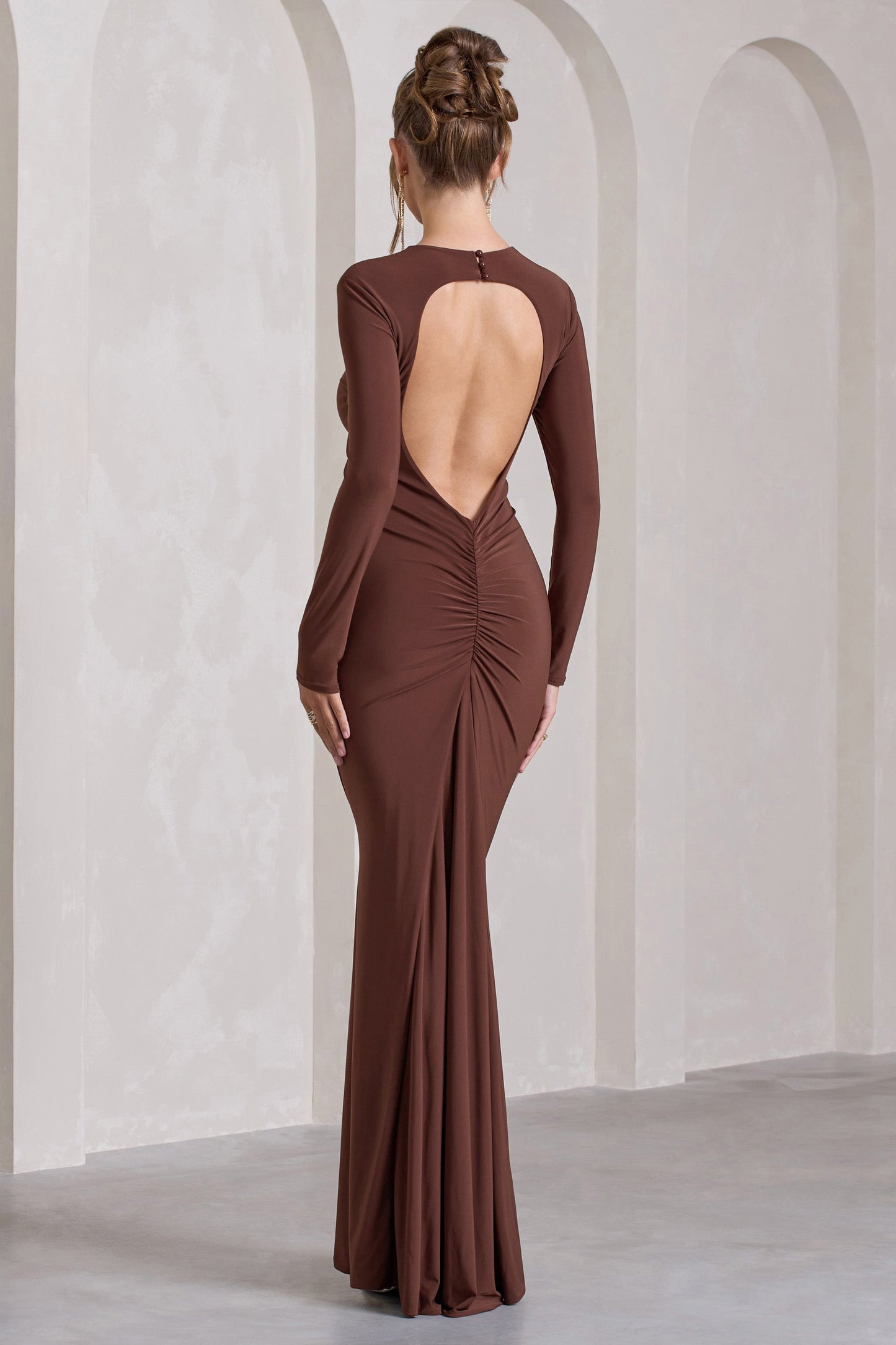 Starring | Chocolate Brown Long-Sleeve Backless  Maxi Dress