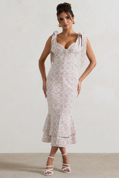 Caserta | White & Red Floral Buttoned Midi Dress With Flared Hem