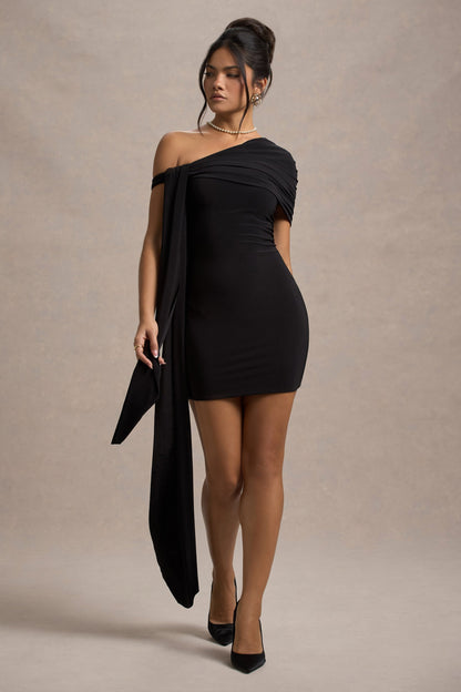 Alessio | Black One-Shoulder Mini Dress With Drape