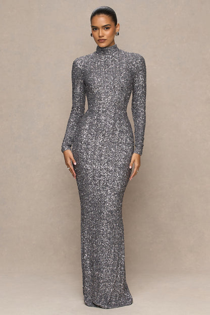 Galaxy | Silver Sequin Turtle-Neck Long-Sleeve Maxi Dress