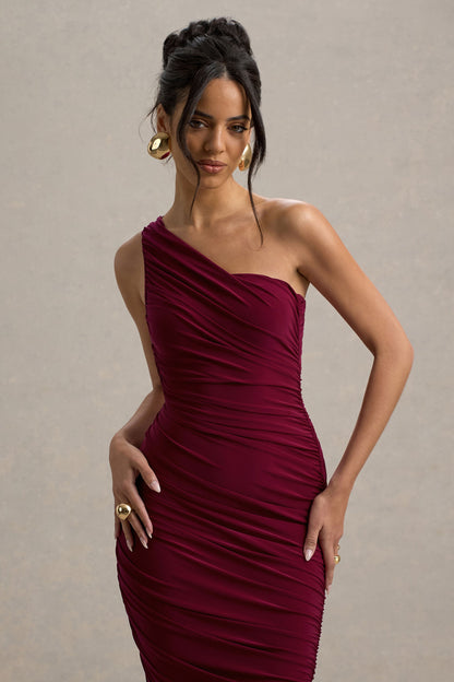 Dorit | Burgundy One Shoulder Asymmetric Ruched Midi Dress