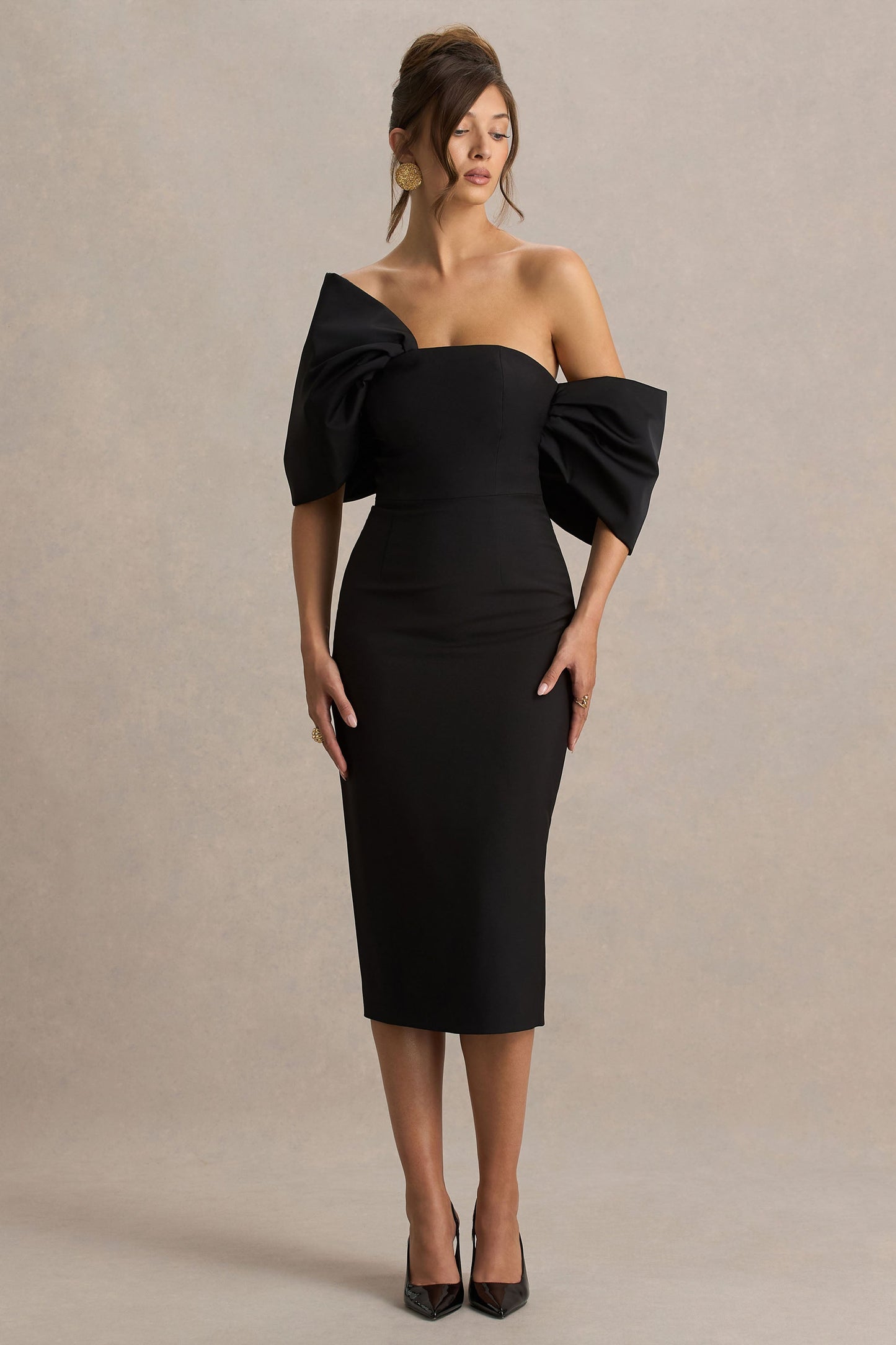 Lucille | Black Asymmetric Bardot Midi Dress