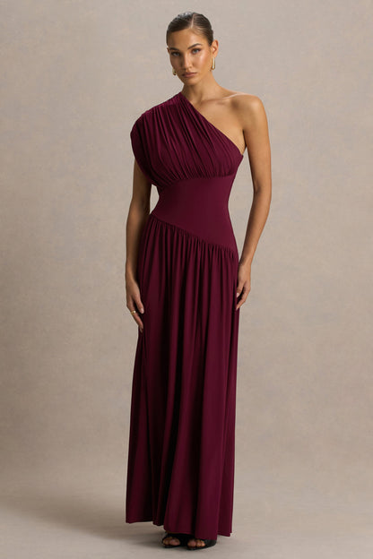 Kelsey | Burgundy Asymmetric-Neck Maxi Dress With Ruched Detailing