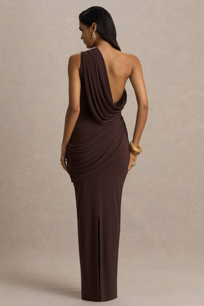 Elisa | Brown Asymmetric-Neck Maxi Dress With Open-Back And Ruched Detailing