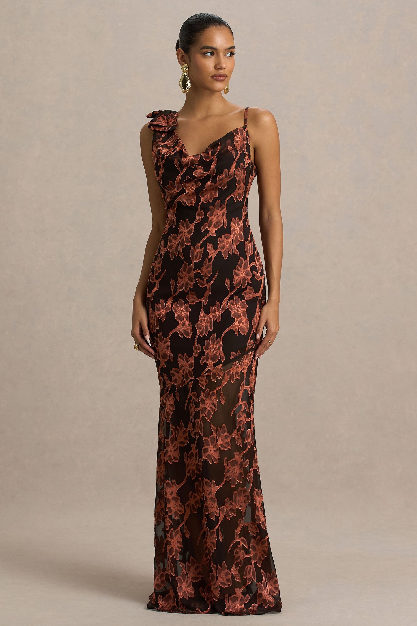 Mar | Black And Rust Cowl-Neckline Maxi Dress