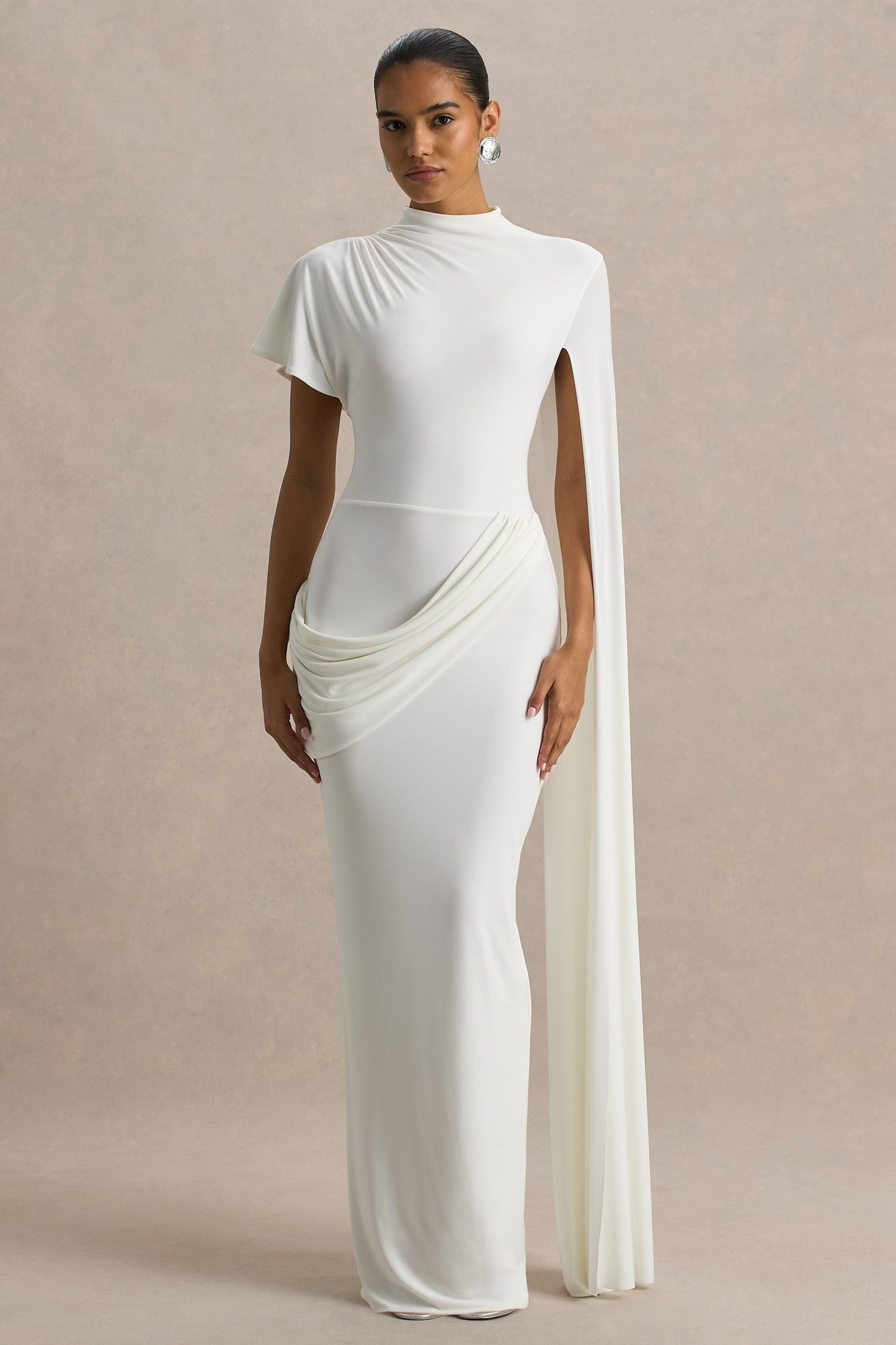 Tropic | White High-Neck Maxi With Long Cape Sleeve