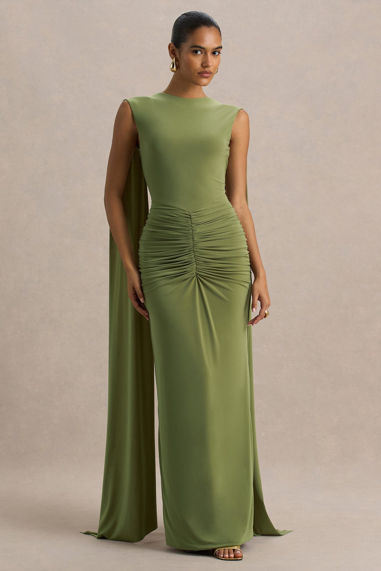 Premiere | Olive Boat-Neck Maxi Dress With Cape-Sleeves And Open-Back