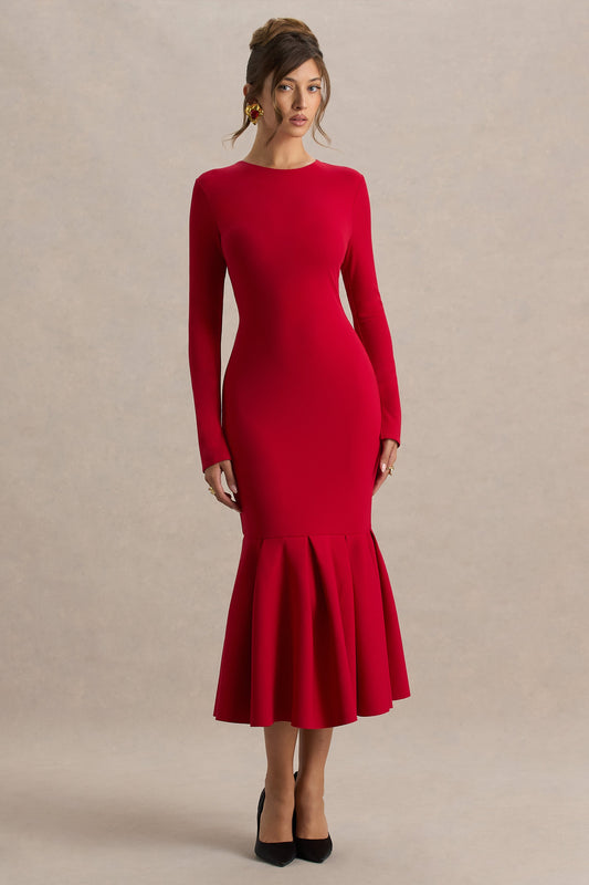 Liberty | Red High Neck Mermaid Maxi Dress With Ruffling Detail
