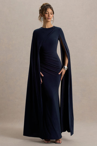 Magdelena | Navy Asymmetric Cape Maxi Dress