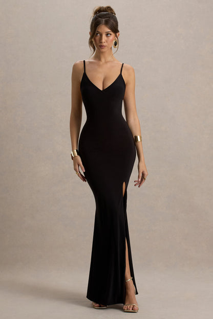 Love Shy | Black Plunge Neck Maxi Dress With Split Detail