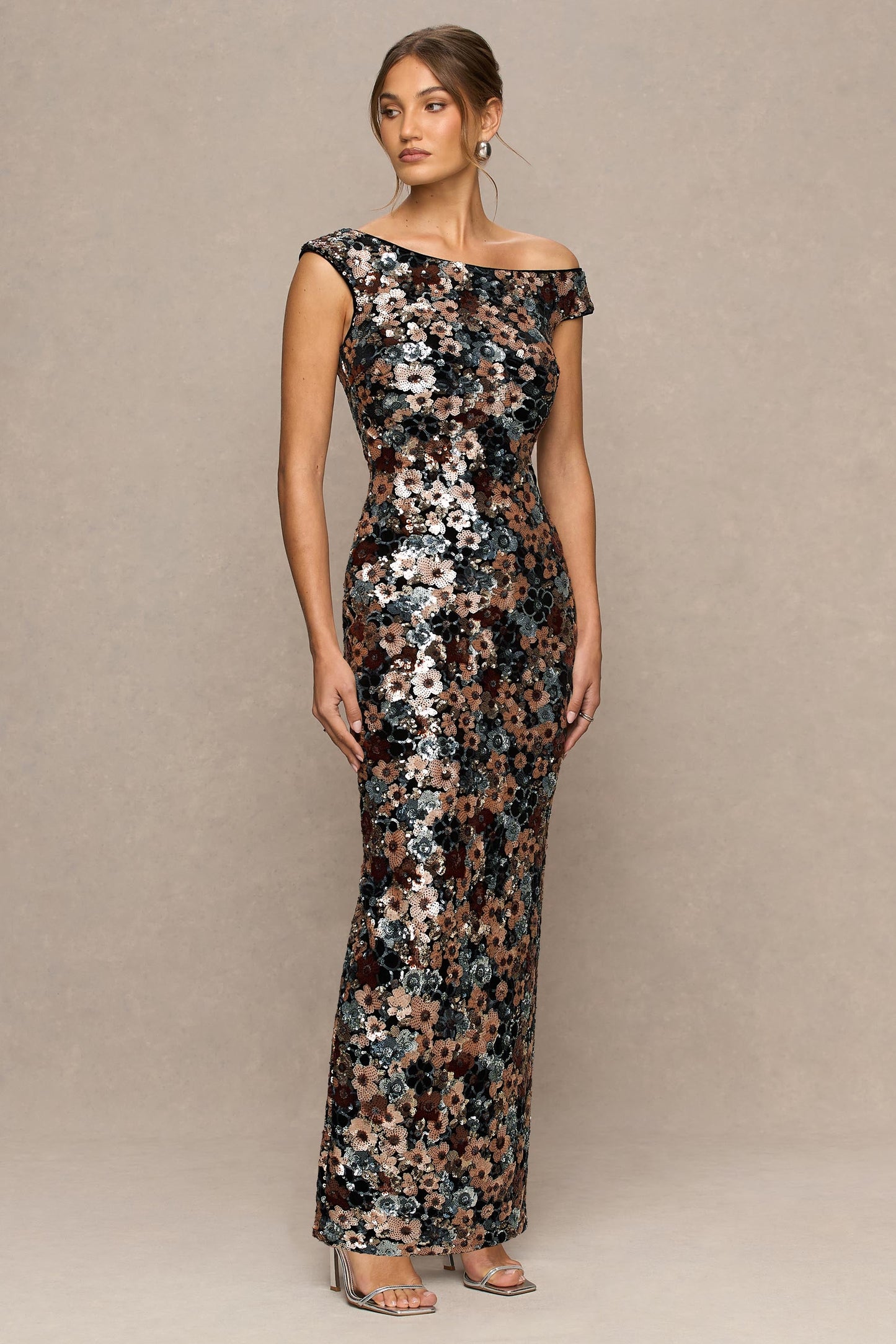 Electric | Black Sequin Floral Velvet Asymmetric-Neck Maxi Dress