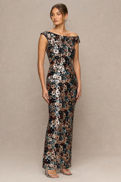 Electric | Black Sequin Floral Velvet Asymmetric-Neck Maxi Dress