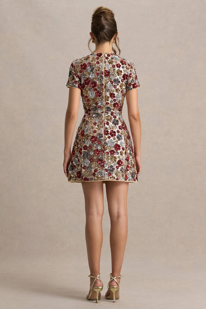 Eira | Red Floral Sequin Crew-Neck Mini Dress