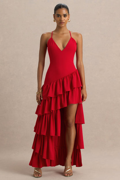 Bogota | Red Plunge-Neck Maxi Dress With Ruffling Details And Front High Split