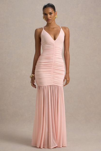 Pasqualina | Pink Ruched Plunge-Neck Maxi Dress