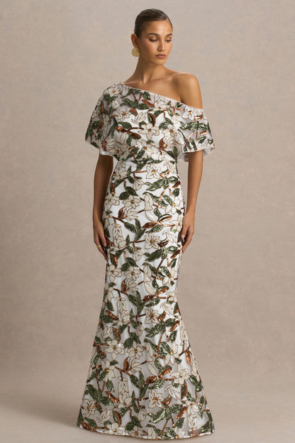Iony | White And Green Sequin Floral And Mesh Asymmetric-Neck Maxi Dress