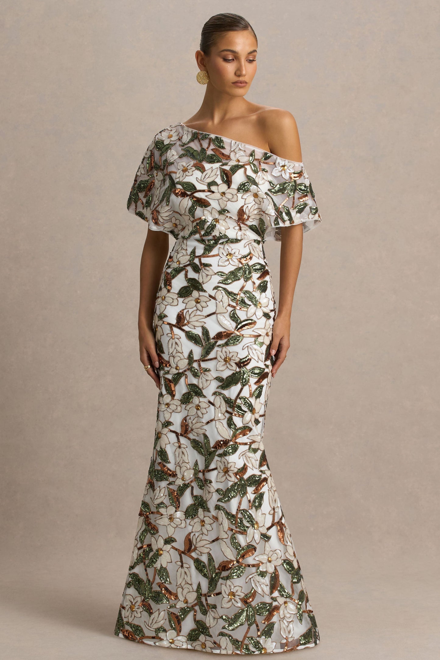 Iony | White And Green Sequin Floral And Mesh Asymmetric-Neck Maxi Dress