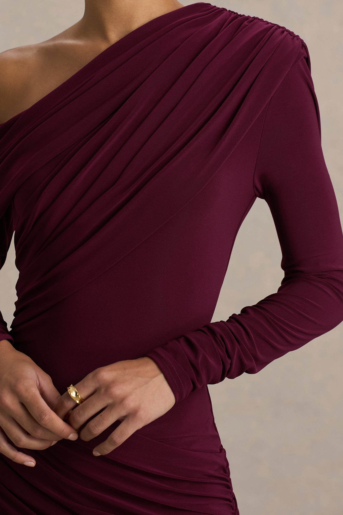 Perrie | Burgundy Asymmetric-Neck Maxi Dress With Ruched Detailing