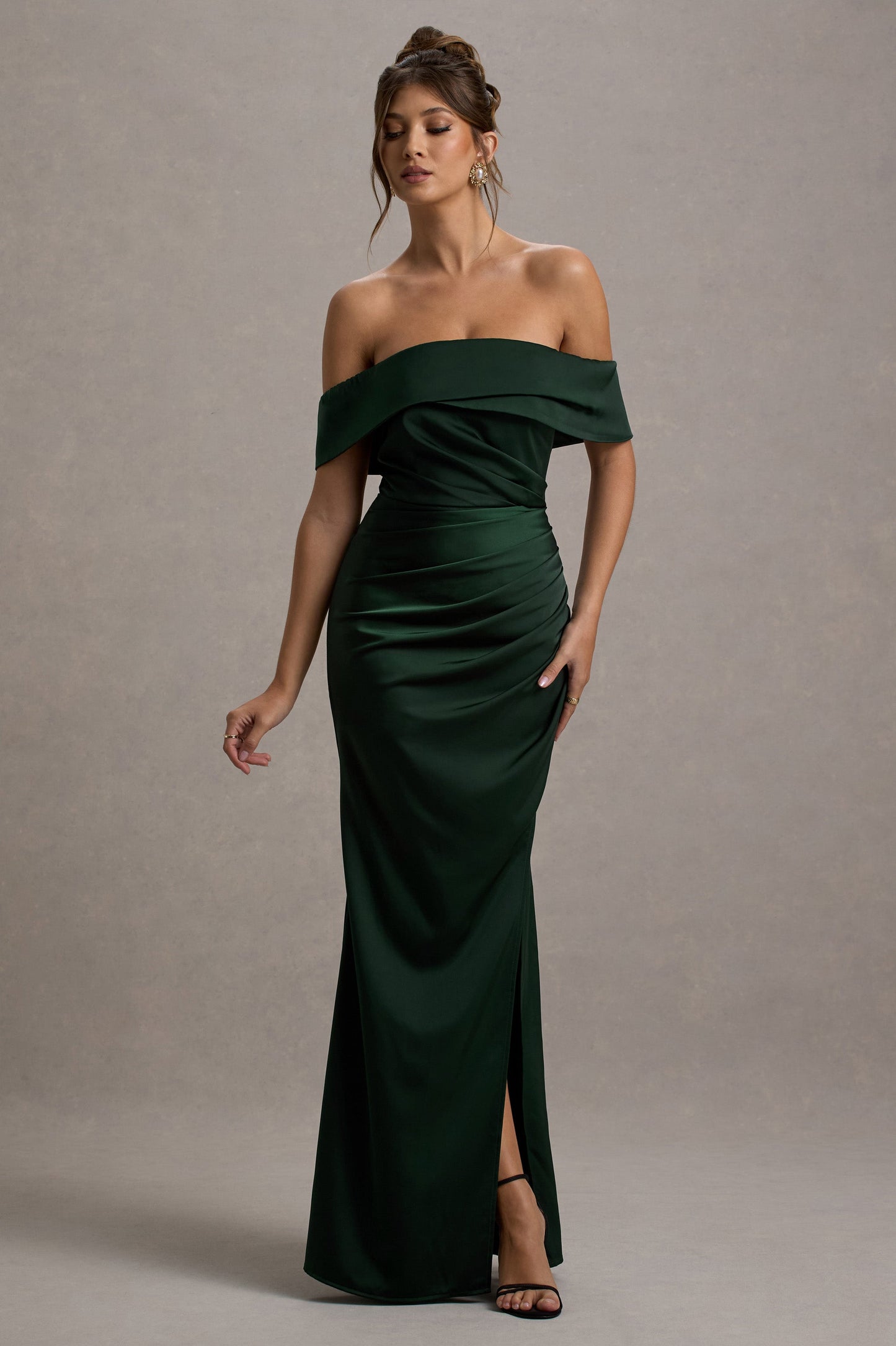 Martine | Bottle Green Satin Bardot Wrap Maxi Dress