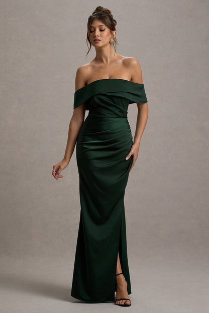 Martine | Bottle Green Satin Bardot Wrap Maxi Dress