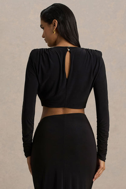 Fluxy | Black Long-Sleeved Crop-Top With Ruched Detailing