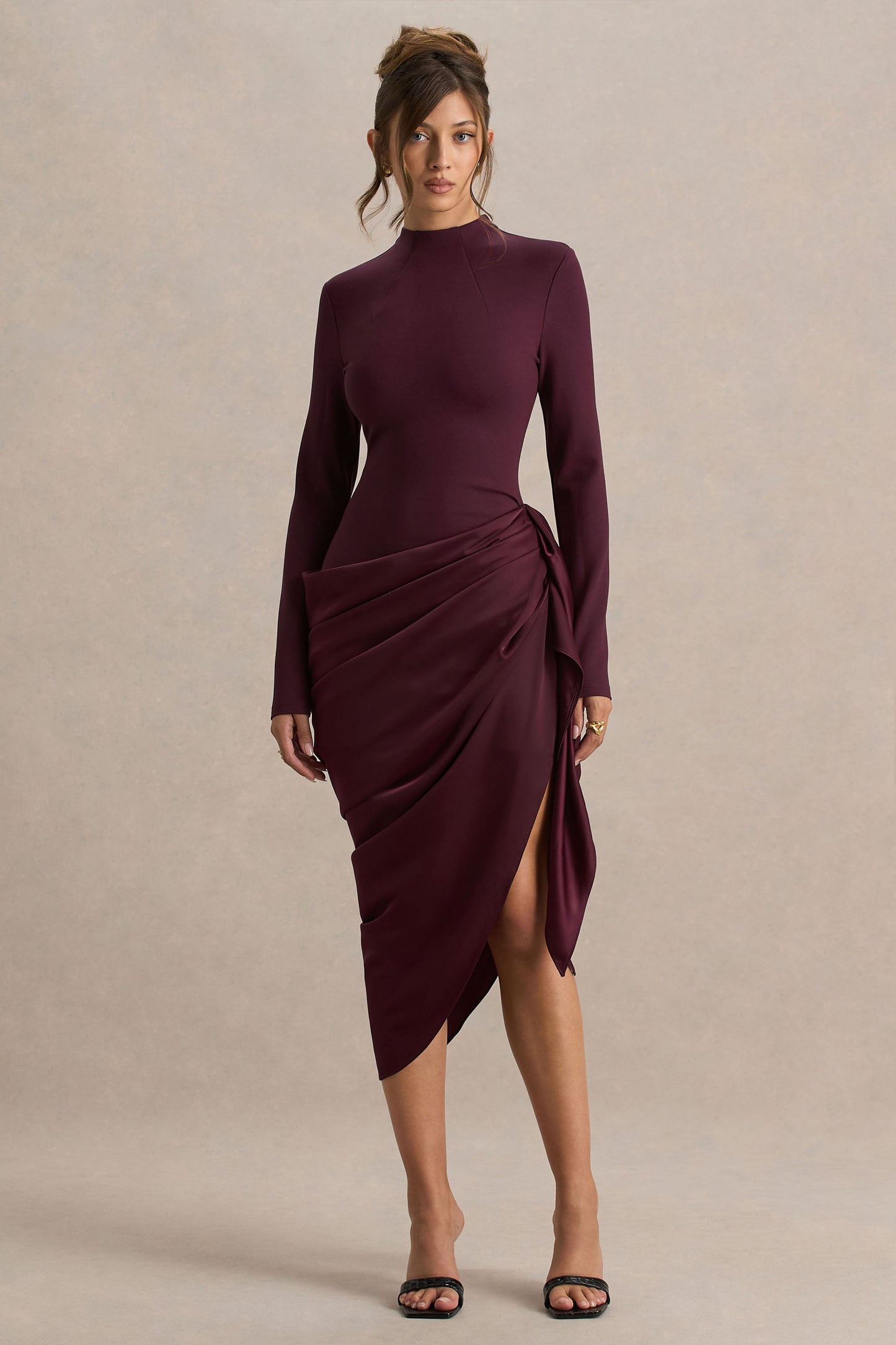 Raffie | Plum Long-Sleeve Midi Dress With Satin Wrap Skirt