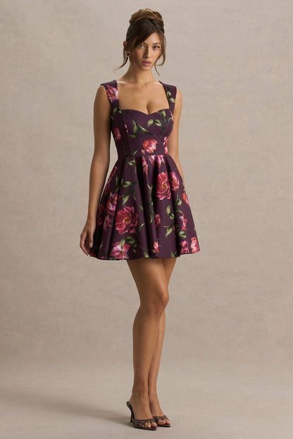 Magic | Burgundy Floral Print Sweetheart-Neck Mini Dress.