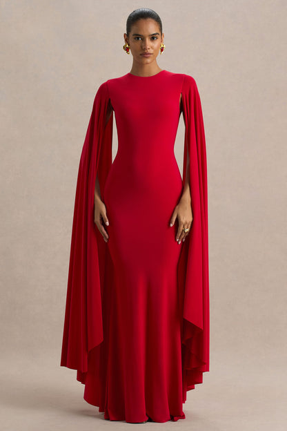 Briony | Red Crew-Neck Maxi Dress With Cape Sleeves