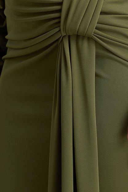 Layla | Olive Asymmetric-Neck Wrap Maxi Dress With Body Cut-Out And Ruched Detailing