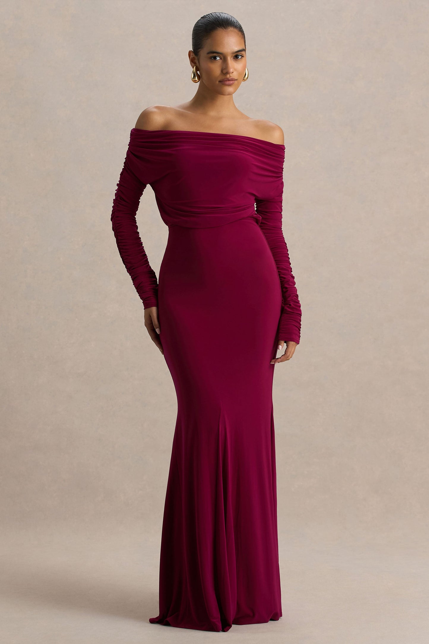 Cilla | Burgundy Bardot-Neck Maxi Dress With Ruched Detailing