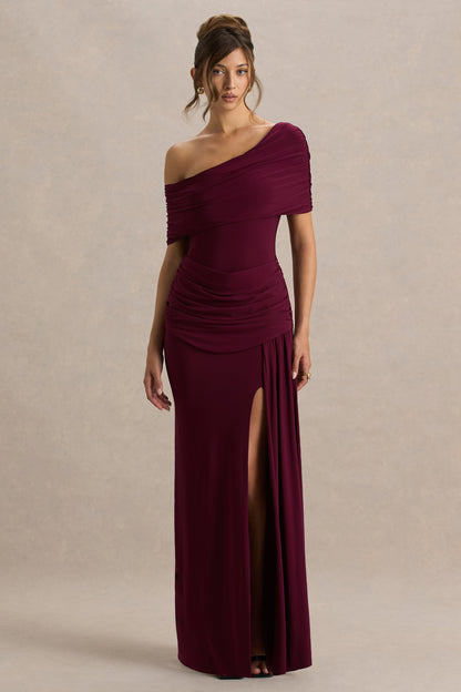 Dynasty | Burgundy Asymmetric-Neck Maxi Dress With Ruched Detailing And Front High-Split