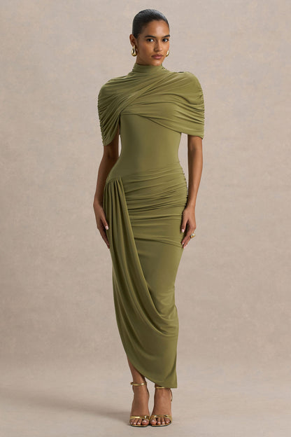 Enchant | Olive Asymmetric Twisted Cape Midi Dress