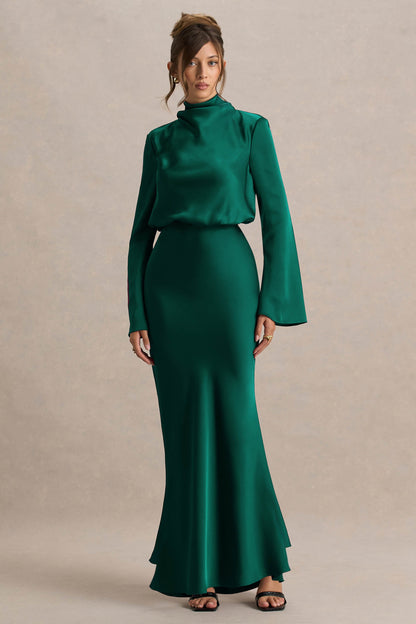 Celina | Bottle Green Satin High-Neck Maxi Dress