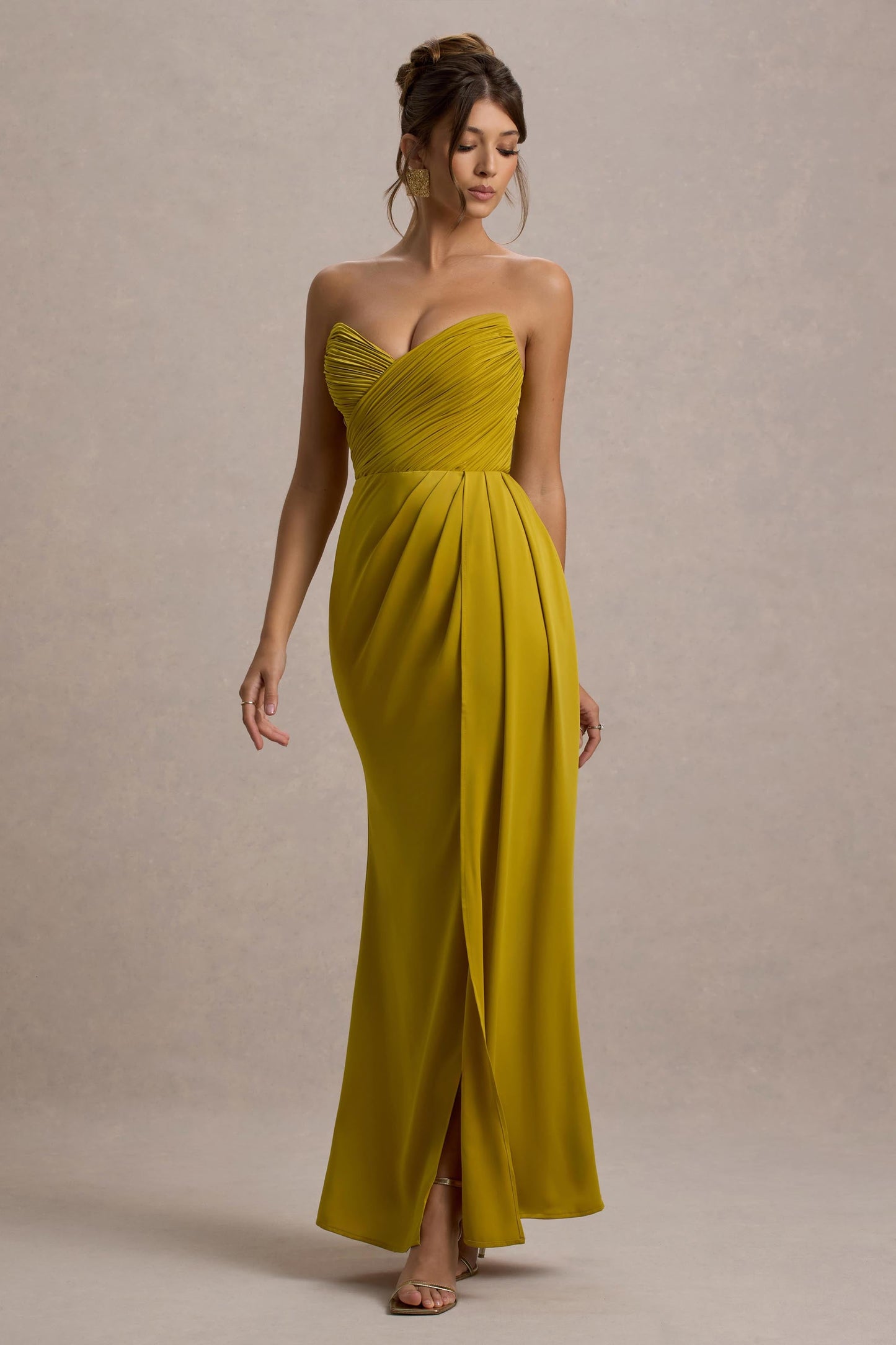 Edel | Mustard Satin Strapless Maxi Dress With Drape