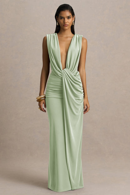Serafina | Light Green Extreme-Plunge Neck Maxi Dress With Wrap And Ruched Details