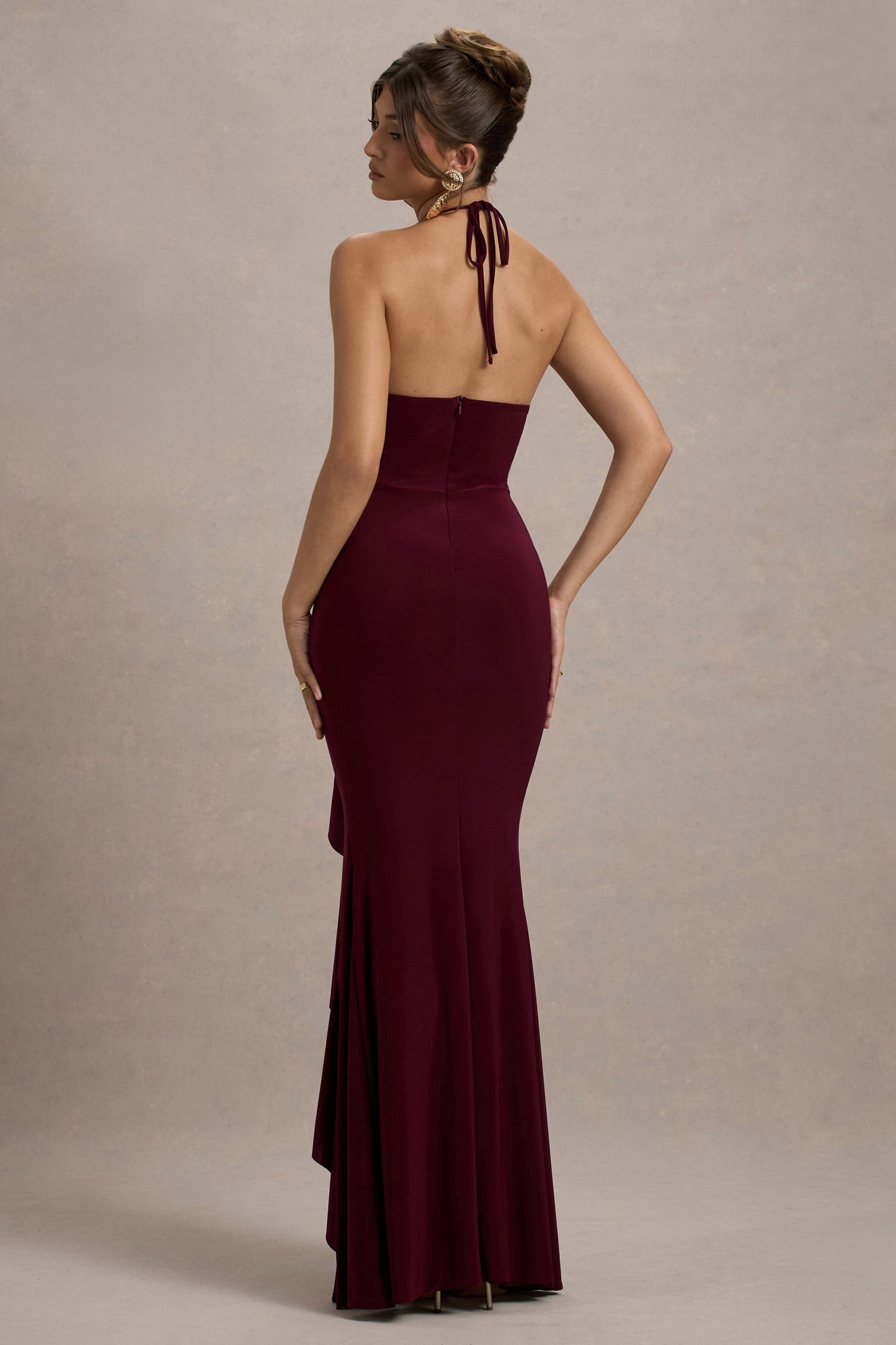 Lucena | Burgundy Cowl-Neck Wrap Maxi Dress With Floral Drape