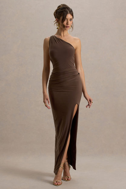 Dressing Up | Chocolate Brown One Shoulder Maxi Dress With Open Back Detail