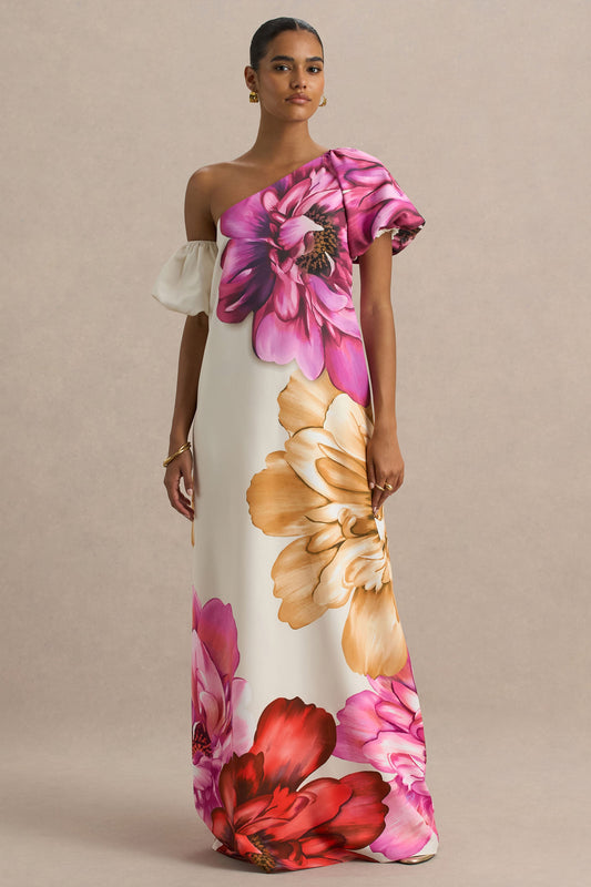 Anastasia | Large Multi-Floral Print Asymmetric Maxi Dress With Ruched Detailing