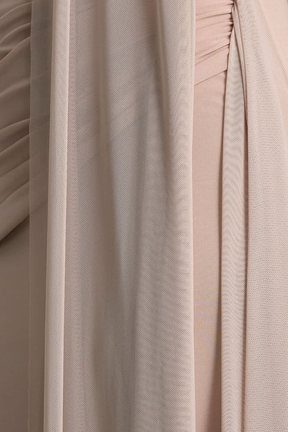Brenda | Champagne Maxi Dress With Mesh Cape And Sash