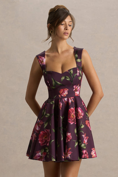 Magic | Burgundy Floral Print Sweetheart-Neck Mini Dress.