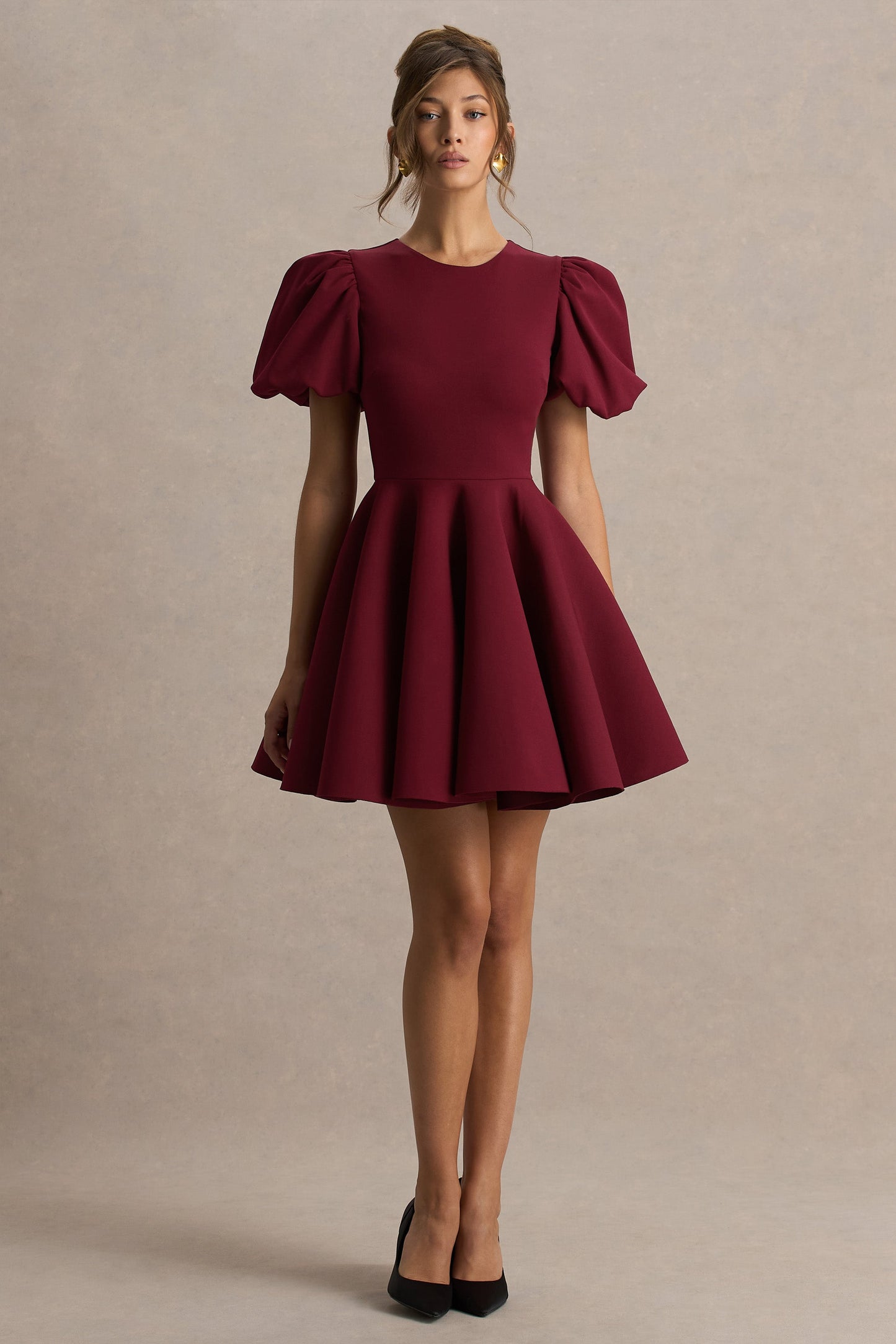Emelia | Burgundy Puff-Sleeve Skater Mini Dress