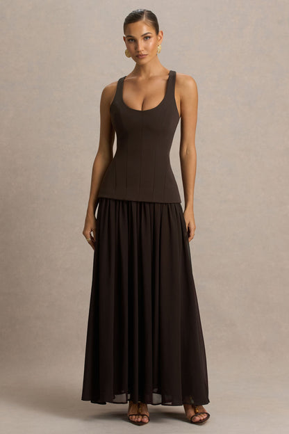 Kelly | Brown Scoop-Neck Maxi Dress With Mesh And Pleated Detailing