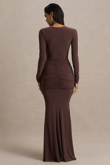 Saffie | Chocolate Extreme-Plunge Wrap Maxi Dress With Long-Sleeves And Ruched Detailing