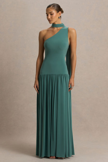 Freesia | Teal Asymmetric-Neck Maxi Dress With Scarf-Detail