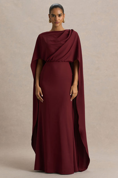Pristina | Burgundy High-Neck Woven Maxi Dress With Cape Detail