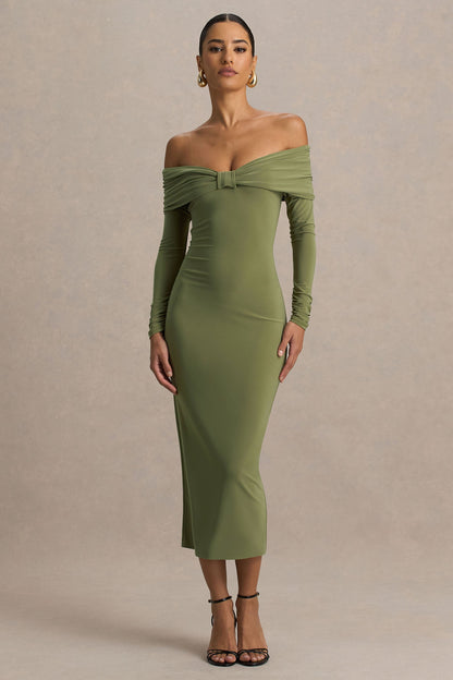 Spark | Olive Bardot-Neck Maxi Dress With Bow Detail