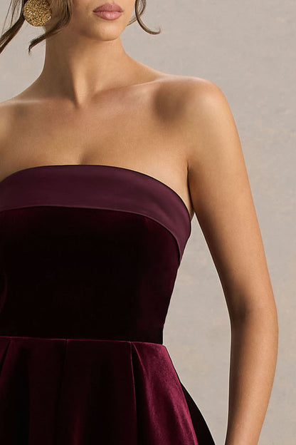Mina | Burgundy Velvet And Satin Bandeau-Neck Skater Mini Dress