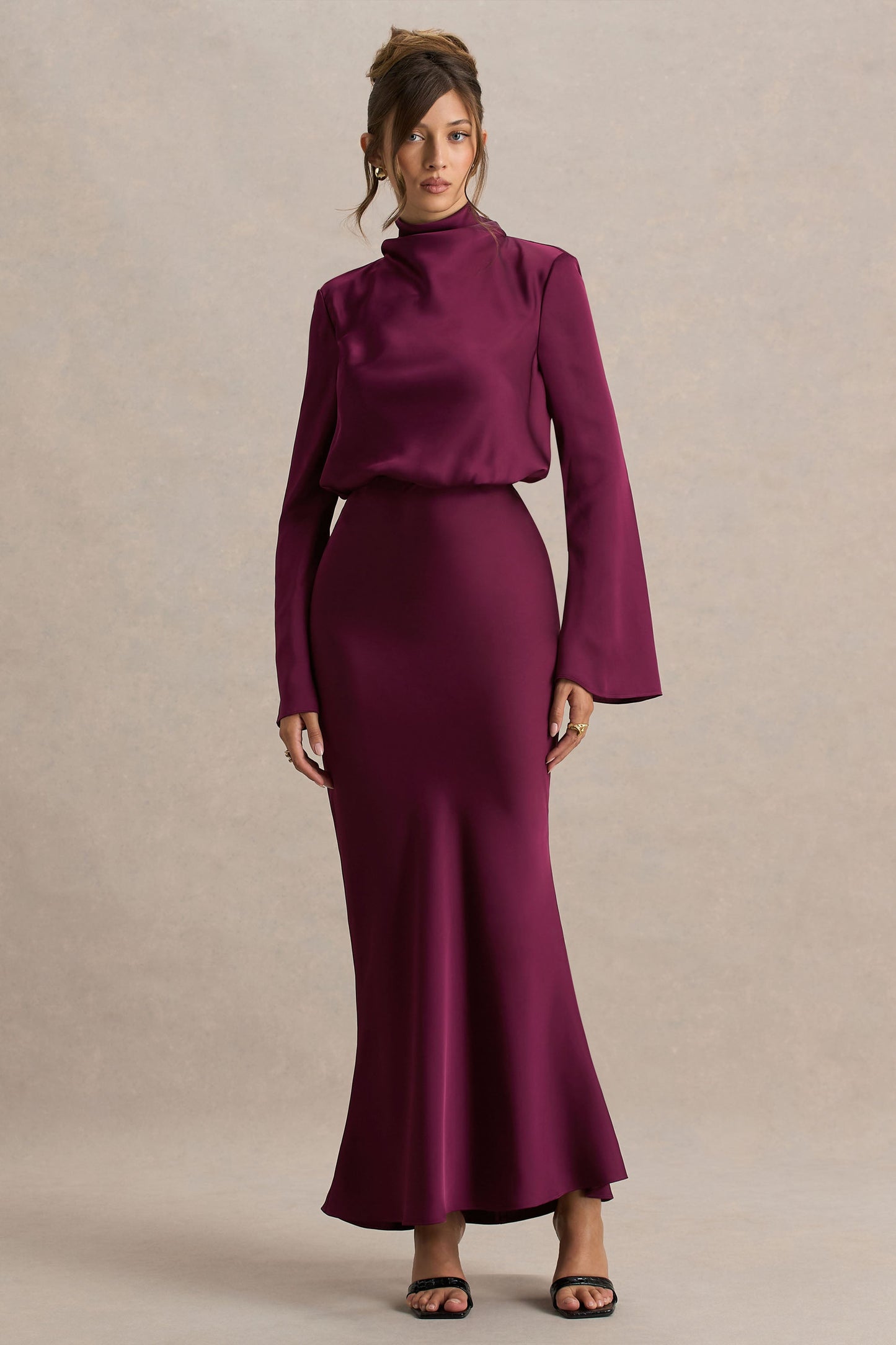 Celina | Burgundy Satin High-Neck Maxi Dress