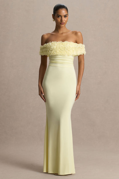 Pastille | Lemon Floral Bardot Maxi Dress With Ruched Detailing