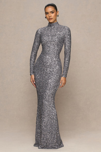 Galaxy | Silver Sequin Turtle-Neck Long-Sleeve Maxi Dress